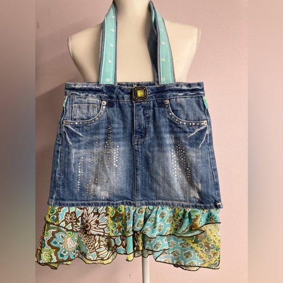 Handmade Upcycled Denim Tote/Shoulder Bag, Distressed Denim, Bling - Picture 1 of 5